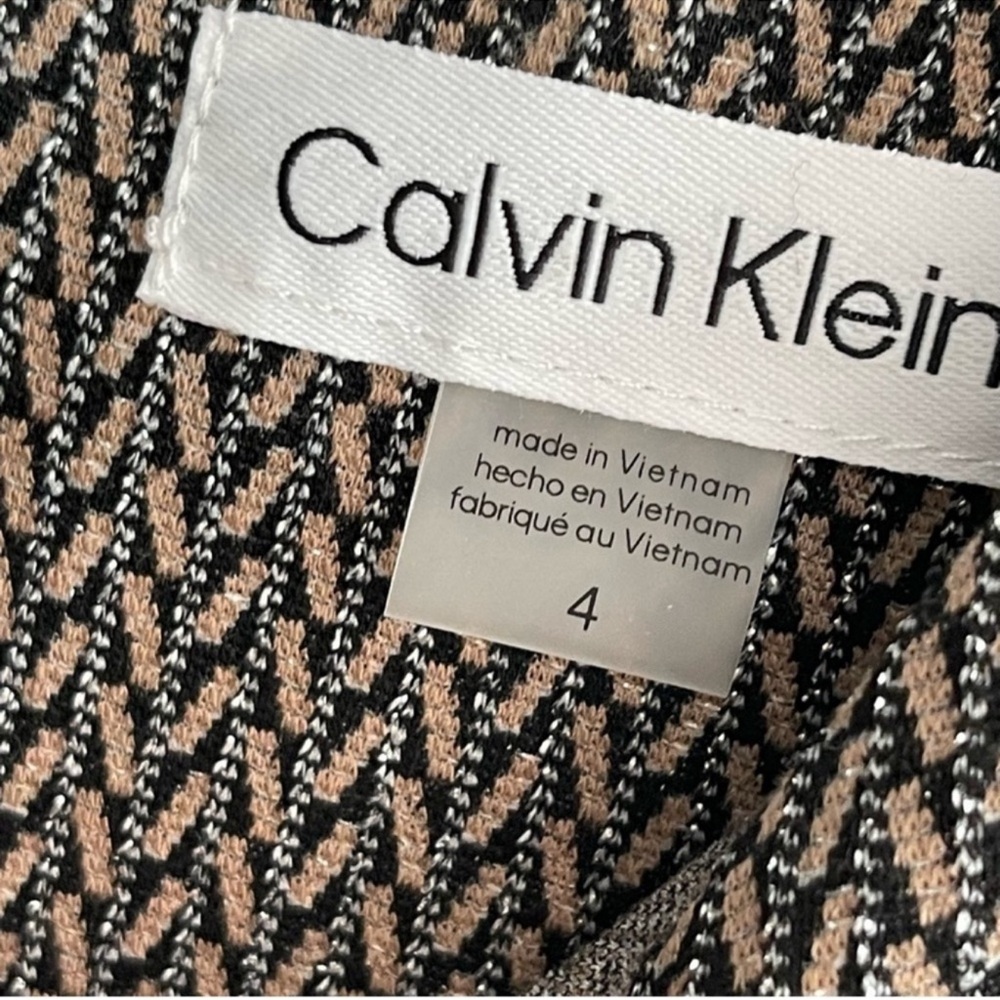 NEW Calvin Klein Sleeveless Belted Dress A-line Lurex Black Brown Tan Size 4 - Picture 6 of 13